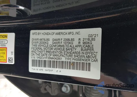 2021 Honda Accord Sport из США, поврежденный, VIN 1HGCV1F35MA042901